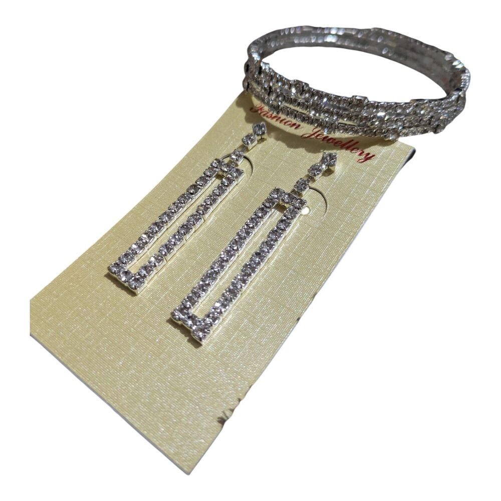 Silver Rhinestone Jewelry Set Bracelet + Long Drop Earrings